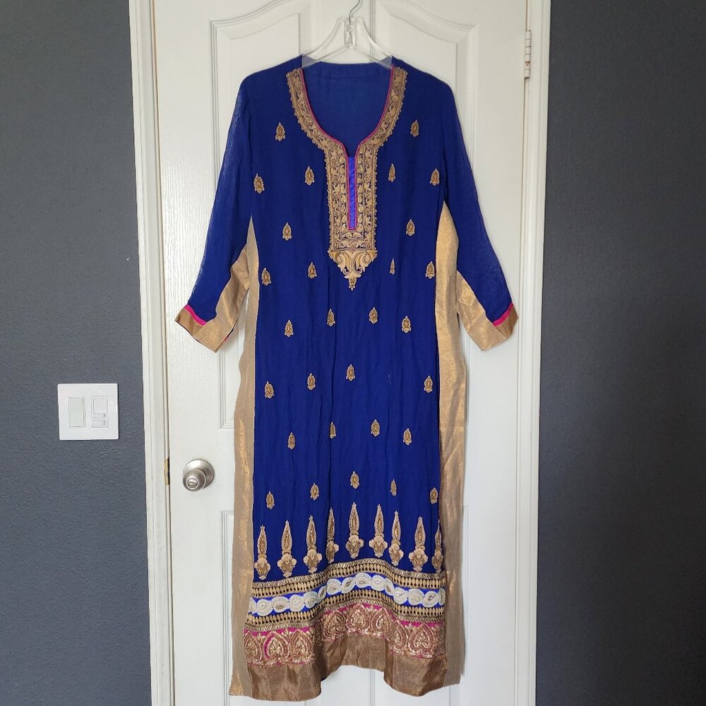 Royal Blue & Gold Embroidered Salwar Kameez Set with Pant-Style Bottoms – Size X